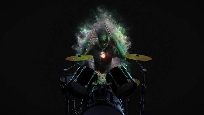 Alien drummer playing drums with cosmic smoke
