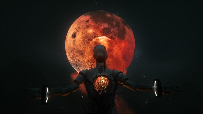 Robot with glowing chest in front of blood moon