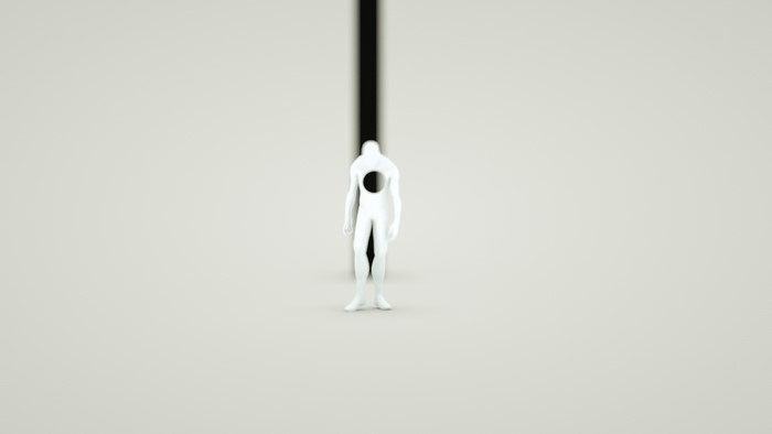 White figure with hole in chest in front of black void