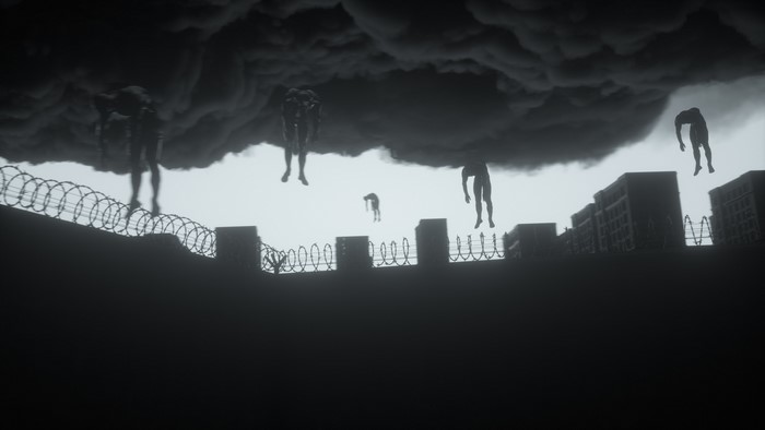 Figures emerging from dark clouds over city
