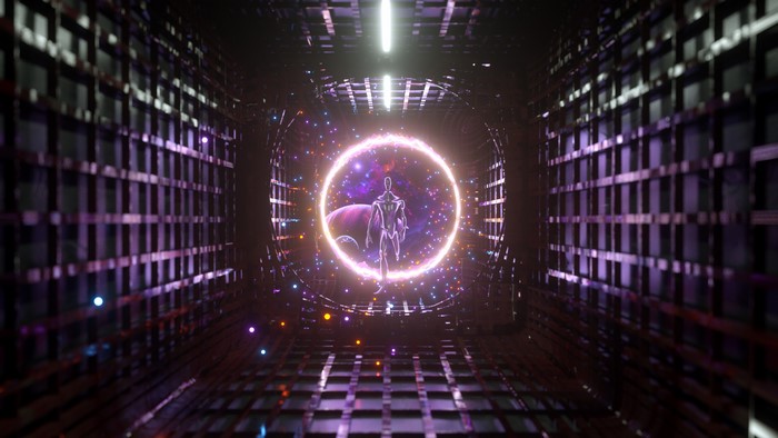 Robot entering a colorful space portal in a futuristic tunnel