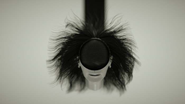 Digital art of a mannequin head with black hair