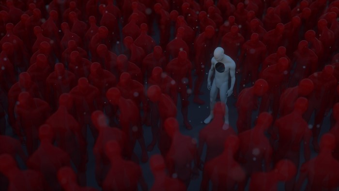 Artwork of a lone figure in a crowd