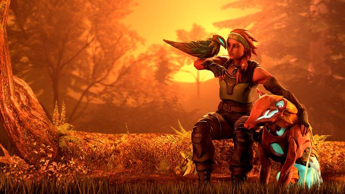 Skye with a bird and a fox-like creature in a forest