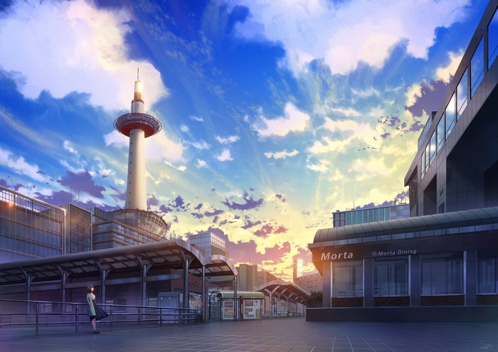 Kyoto cityscape with Kyoto Tower and a lone girl