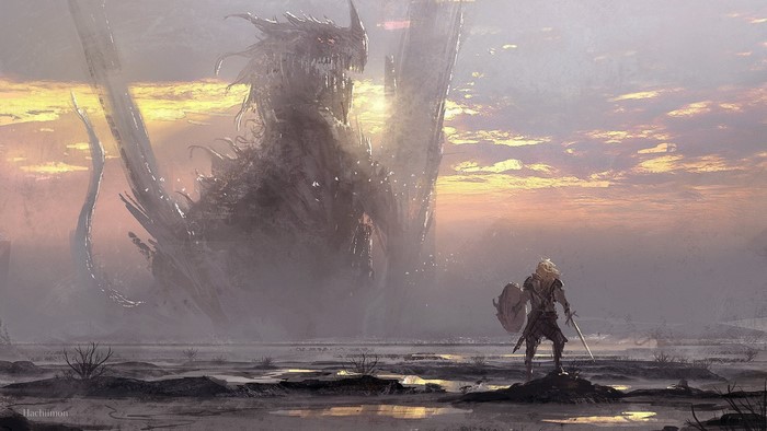 Warrior facing a giant dragon on a misty shore