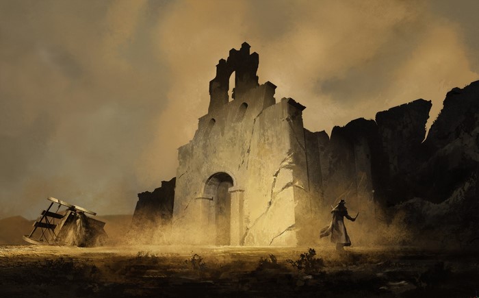 Ruined church in a desolate landscape with a lone figure