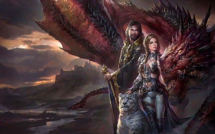 Fantasy art of a man, woman, dragon, and snow leopard