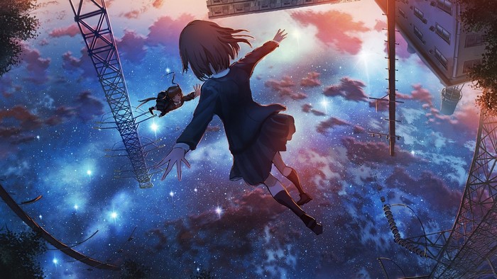 Anime girls flying in a starry night sky