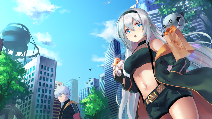 Anime girl with gray hair eating a donut in a city