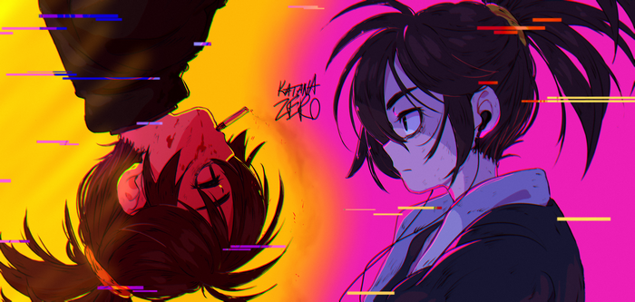 Katana Zero characters with glitch effects