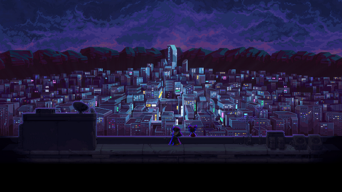 Katana Zero pixel art city skyline