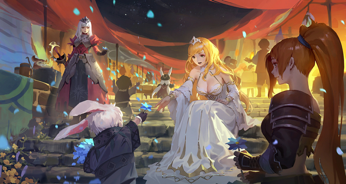 Anime characters at a festival with flowers
