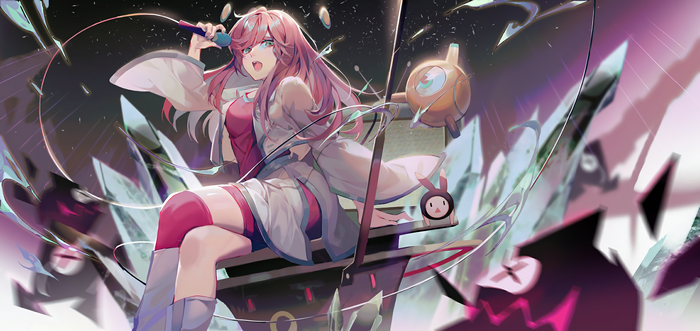 Anime girl singing with robot and creatures