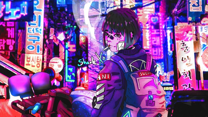Anime girl smoking in a neon-lit city