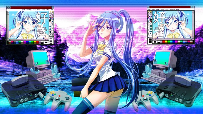 Anime girl with blue hair and glasses, vaporwave aesthetic