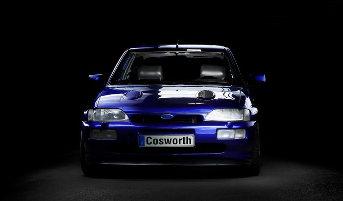 Blue Ford Escort Cosworth with Cosworth license plate