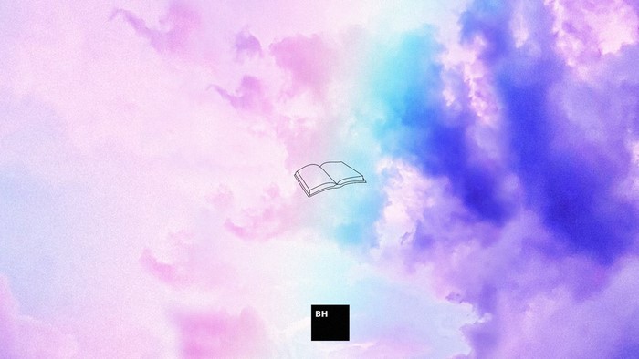 Open book floating in colorful clouds