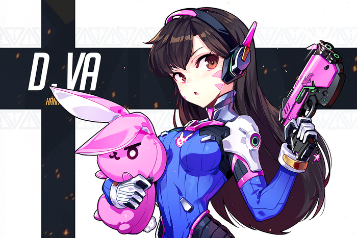D.Va from Overwatch holding a bunny plush and a gun