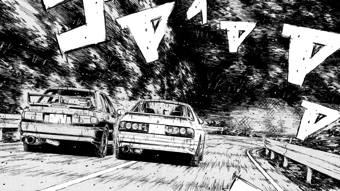 Initial D: Mitsubishi Lancer Evo V and Mazda RX-7 on a mountain road