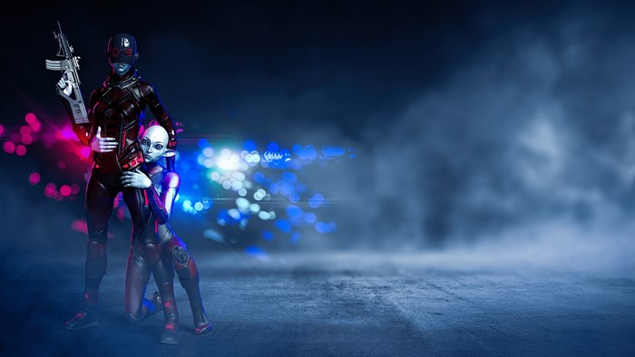 Futuristic figures with rifle and gun