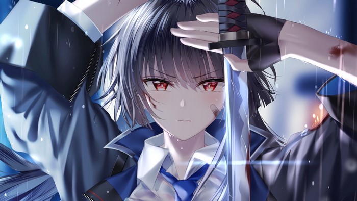 Anime girl with sword in the rain