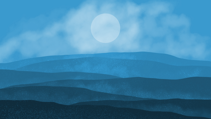 Minimalist blue landscape with a moon and clouds