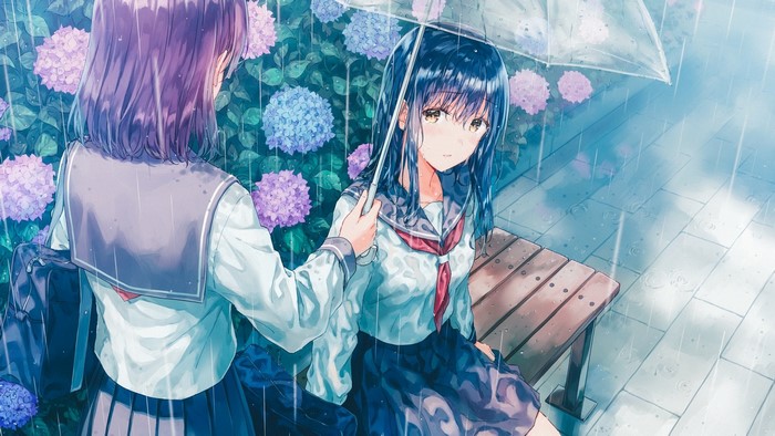 Anime girls with umbrella in the rain with hydrangeas