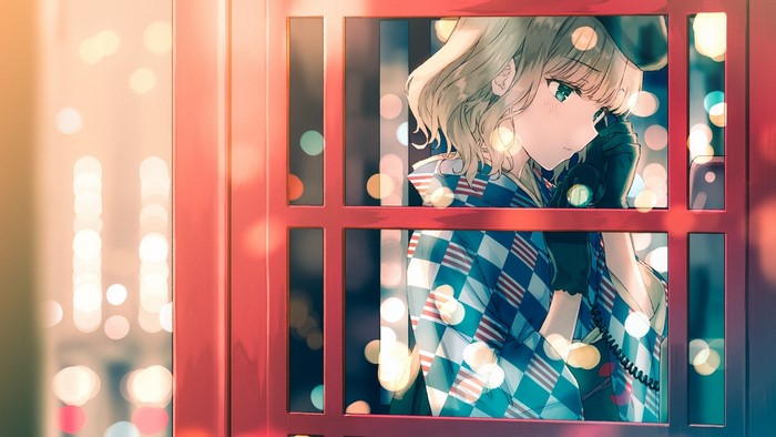 Anime girl with blonde hair in a kimono talking on a phone