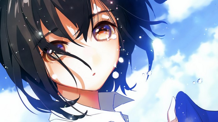 Anime girl with black hair and brown eyes looking up