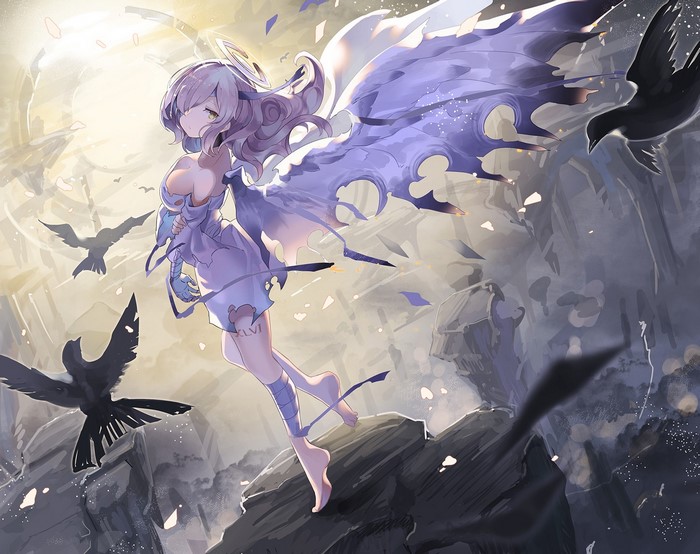 Anime angel with tattered wings and crows