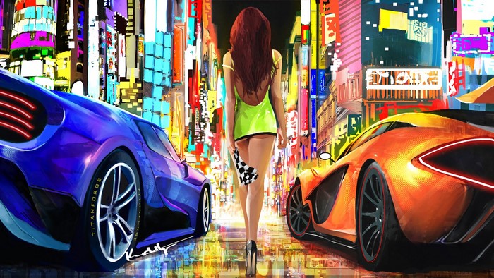 Woman with checkered flag between McLaren P1 and blue sports car in Tokyo