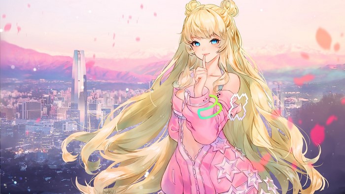 Anime girl with blonde hair and aqua eyes in a pink outfit