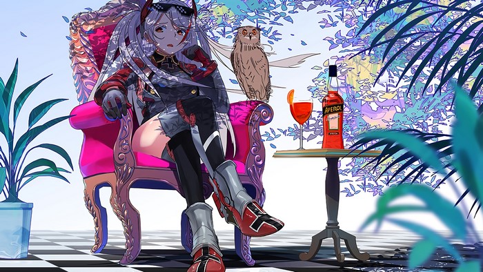 Prinz Eugen from Azur Lane with an owl and Aperol
