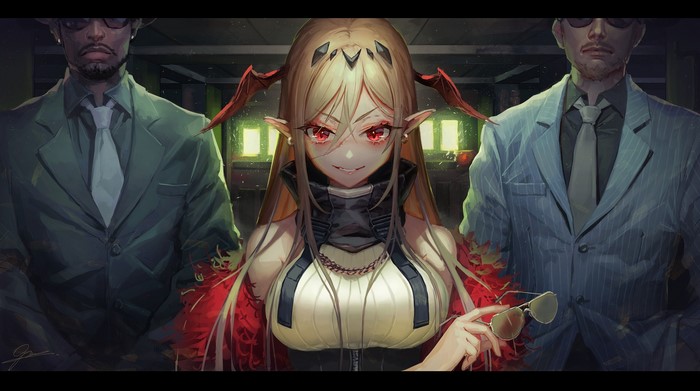 Anime girl with red eyes and horns between two men in suits