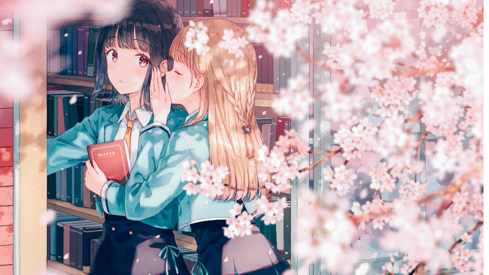 Anime girls in school uniforms in a library with cherry blossoms