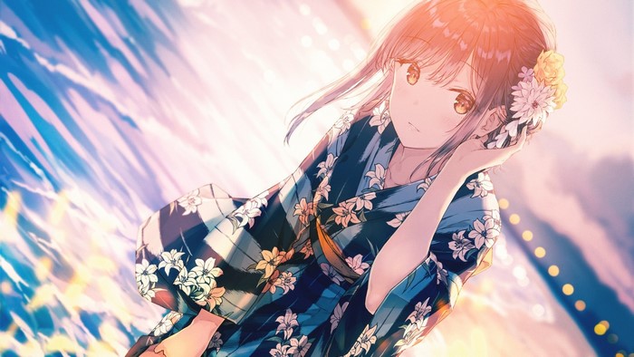 Anime girl in a floral kimono