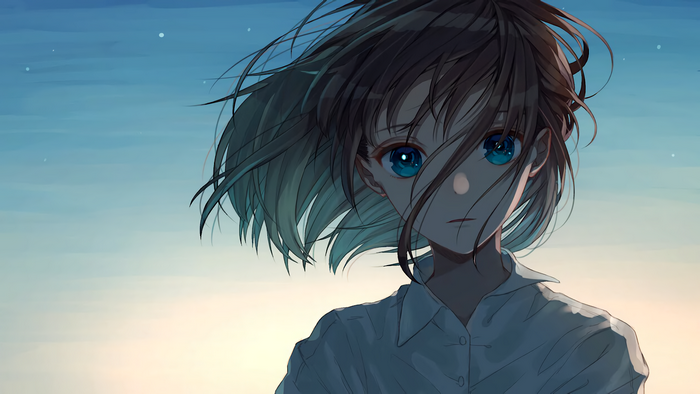 Anime girl with short brown hair and blue eyes