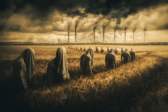 Figures in a field with industrial pollution