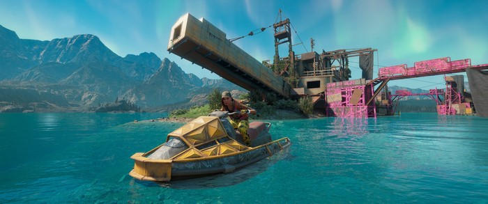 Far Cry New Dawn, person on jet ski near industrial structure