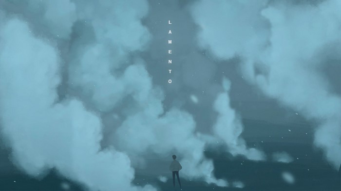 Lamento text over clouds with person