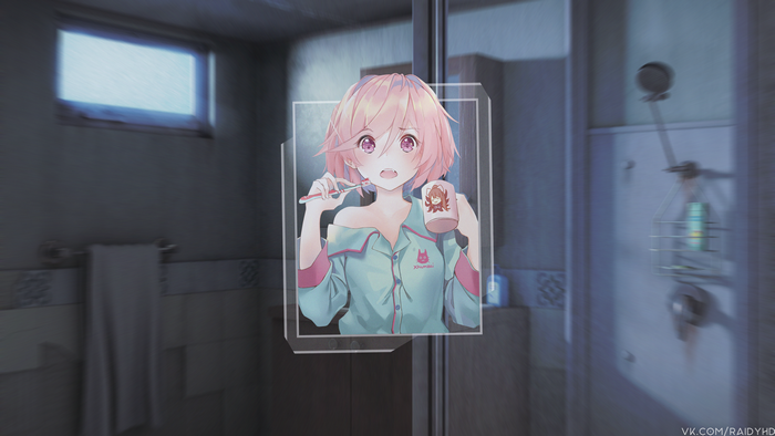 Natsuki from Doki Doki Literature Club brushing teeth
