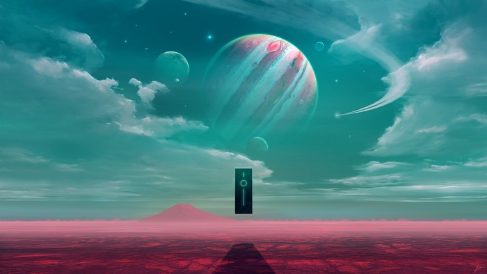 Monolith on a red planet with Jupiter and moons