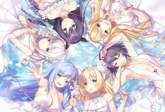 Anime girls lying on back with flowers