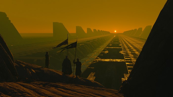 Knights with flags on a desolate alien landscape at sunset