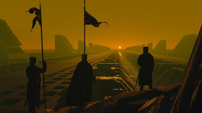 Knights with flags at sunset on a futuristic road