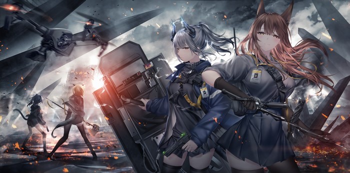 Arknights characters in a battle with a drone