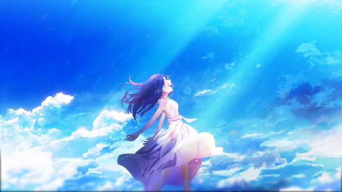 Anime girl in a white dress under a blue sky