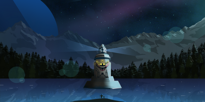 Lighthouse on a lake under a starry sky with mountains