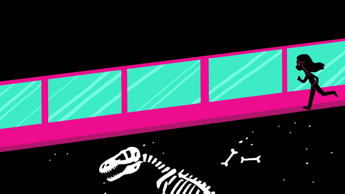 Girl running past museum exhibit with dinosaur skeleton